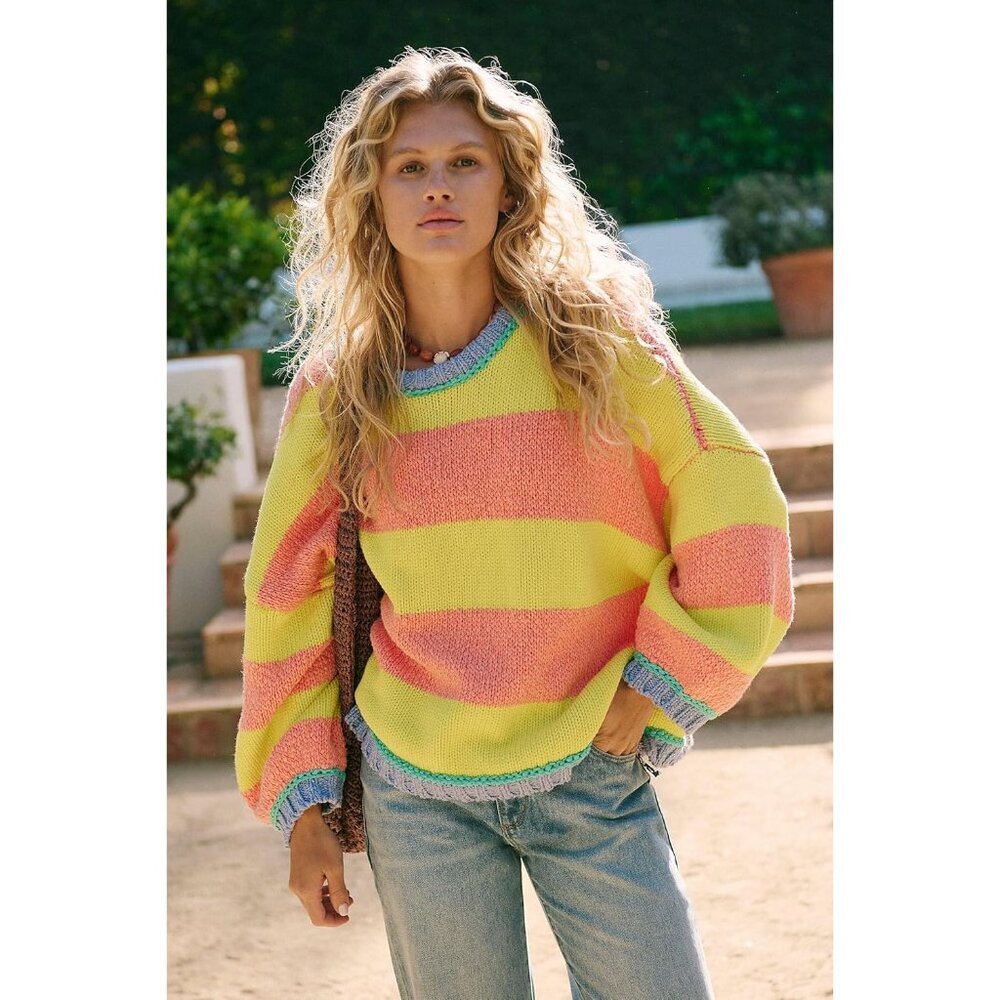 Knit Sweater Women's Oversized Striped Color Block Fall Long Sleeve Crewneck